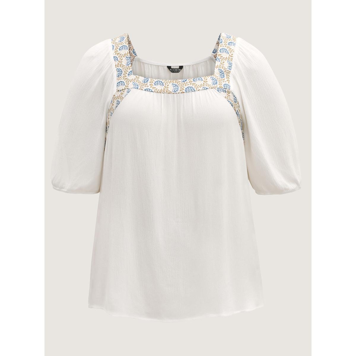 Plus Size Originalwhite Boho Spliced Neck Pleated Plain Blouse Women Elbow-length sleeve Square Neck Vacation Blouses BloomChic 28/5X Product Image