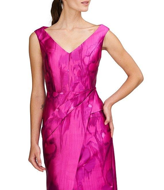 Kay Unger V-Neck Abstract Floral Mikado Pleated Waist Front Slit Column Gown Product Image