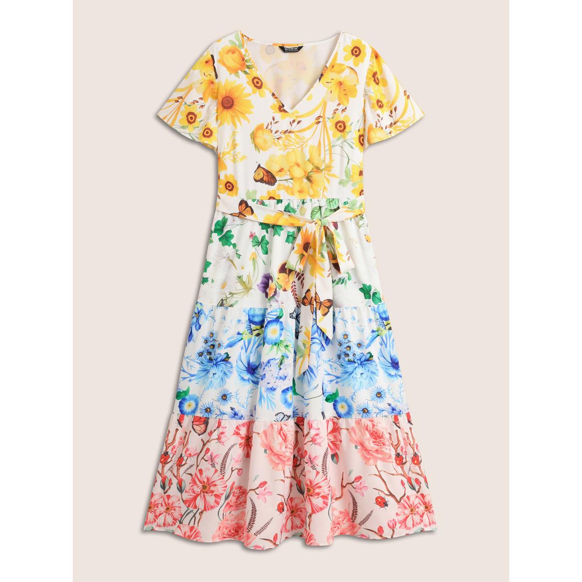 Plus Size Floral & Butterfly Contrast Ruffle Layered Hem Dress Multicolor Women Elegant Belted V-neck Short sleeve Curvy BloomChic 10/M Product Image