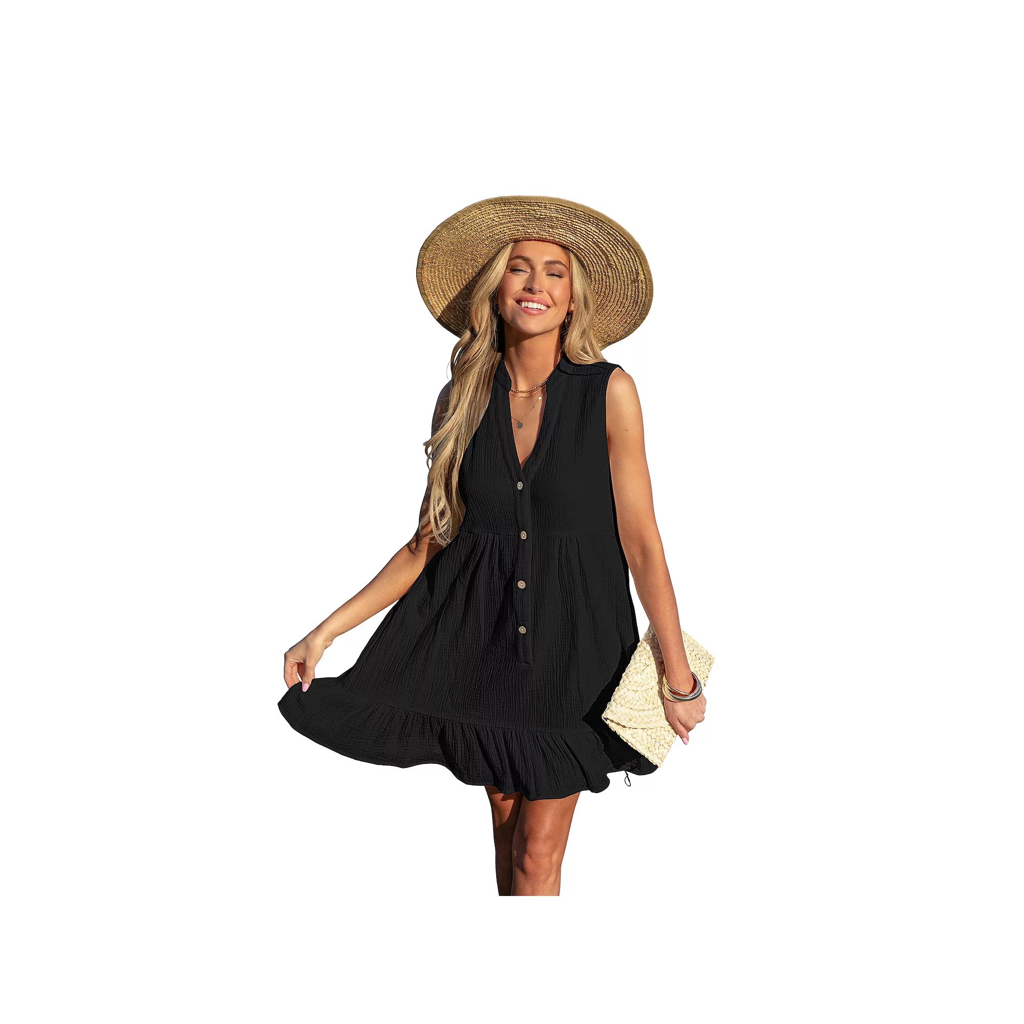 Women's Cupshe Button Front Ruffled Hem Cover-Up Mini Swim Dress,  Product Image