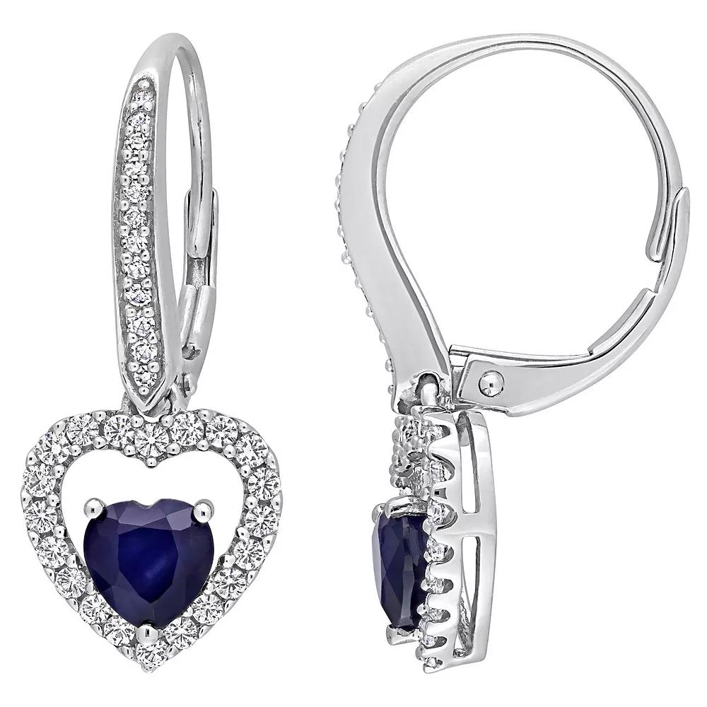 Stella Grace 14k White Gold Blue Sapphire, White Sapphire & 1/10 Carat T.W. Diamond Heart Drop Earrings, Women's Product Image