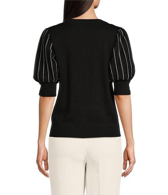 KARL LAGERFELD PARIS Knit Solid V-Neck Short Stripe Puff Sleeve Sweater Product Image