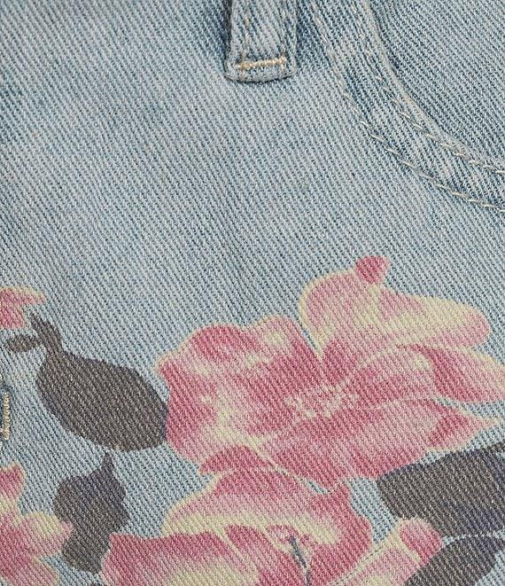 Prosperity Denim Mid Rise Floral Printed Frayed Hem Denim Shorts Product Image
