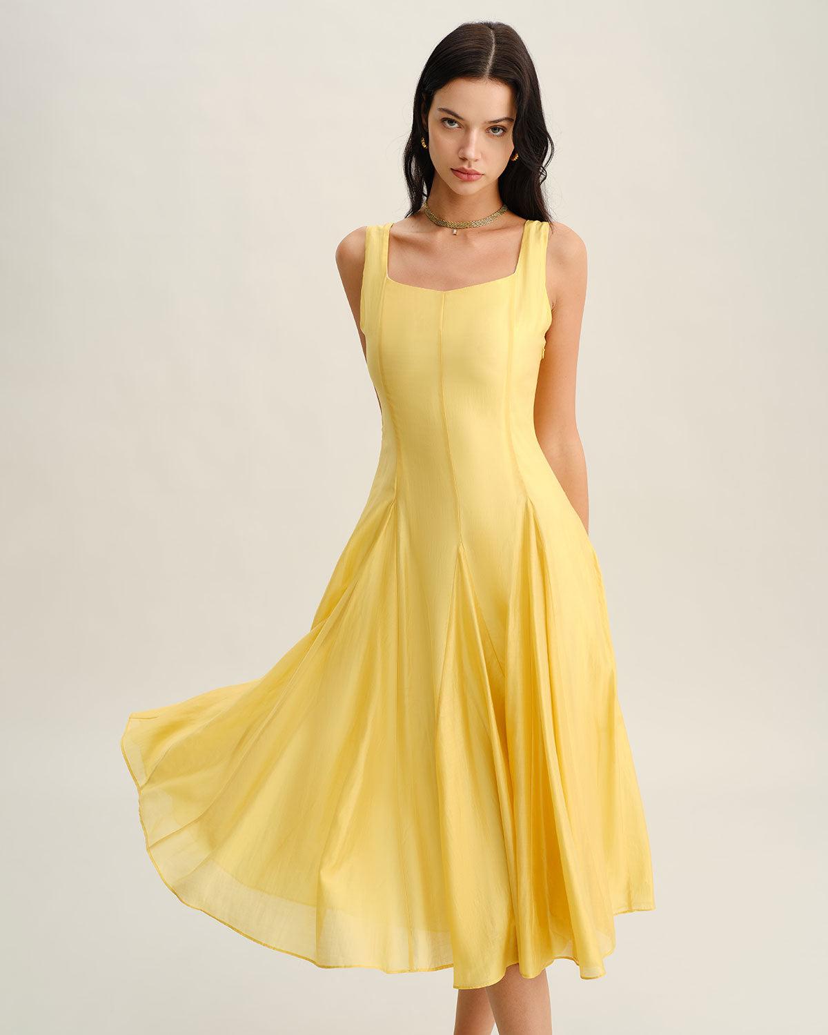 Yellow Square Neck Pleated Slip Midi Dress Product Image