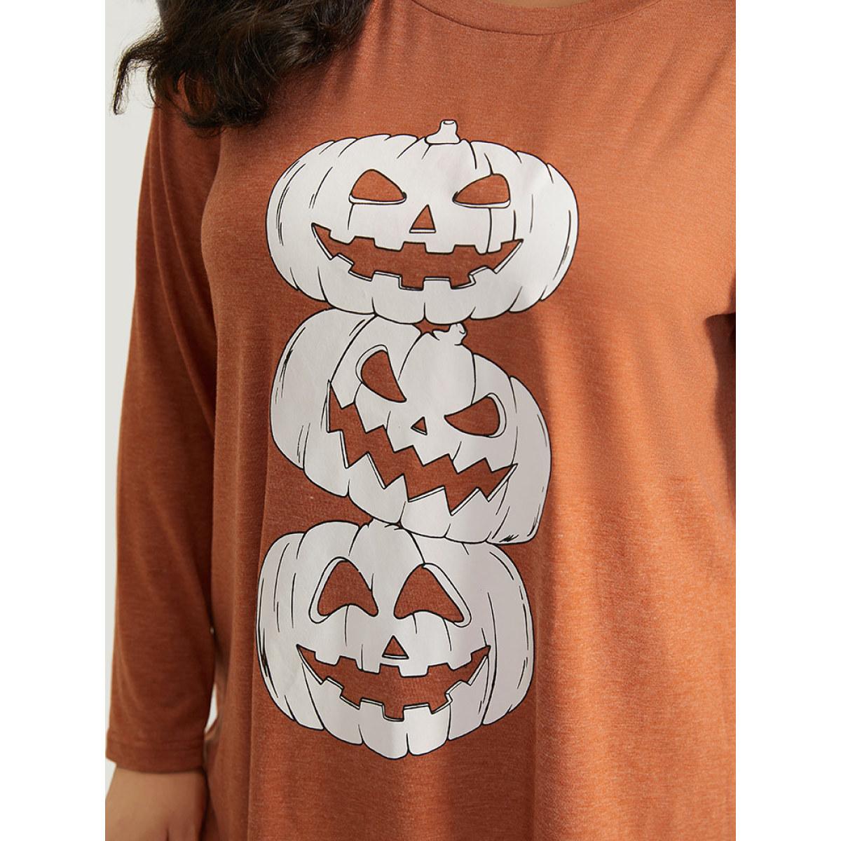 Plus Size Halloween Three Pumpkin Print Crew Neck T-shirt Chocolate Women Casual Printed Halloween Festival-Halloween T-shirts BloomChic 10/M Product Image