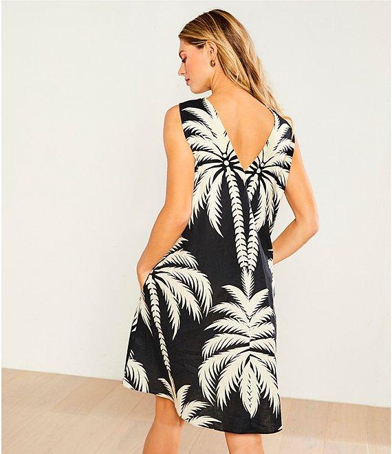Gibson & Latimer Woven Tropical Palm Print Crew Neck Sleeveless Deep Backline Twist Caftan Dress Product Image