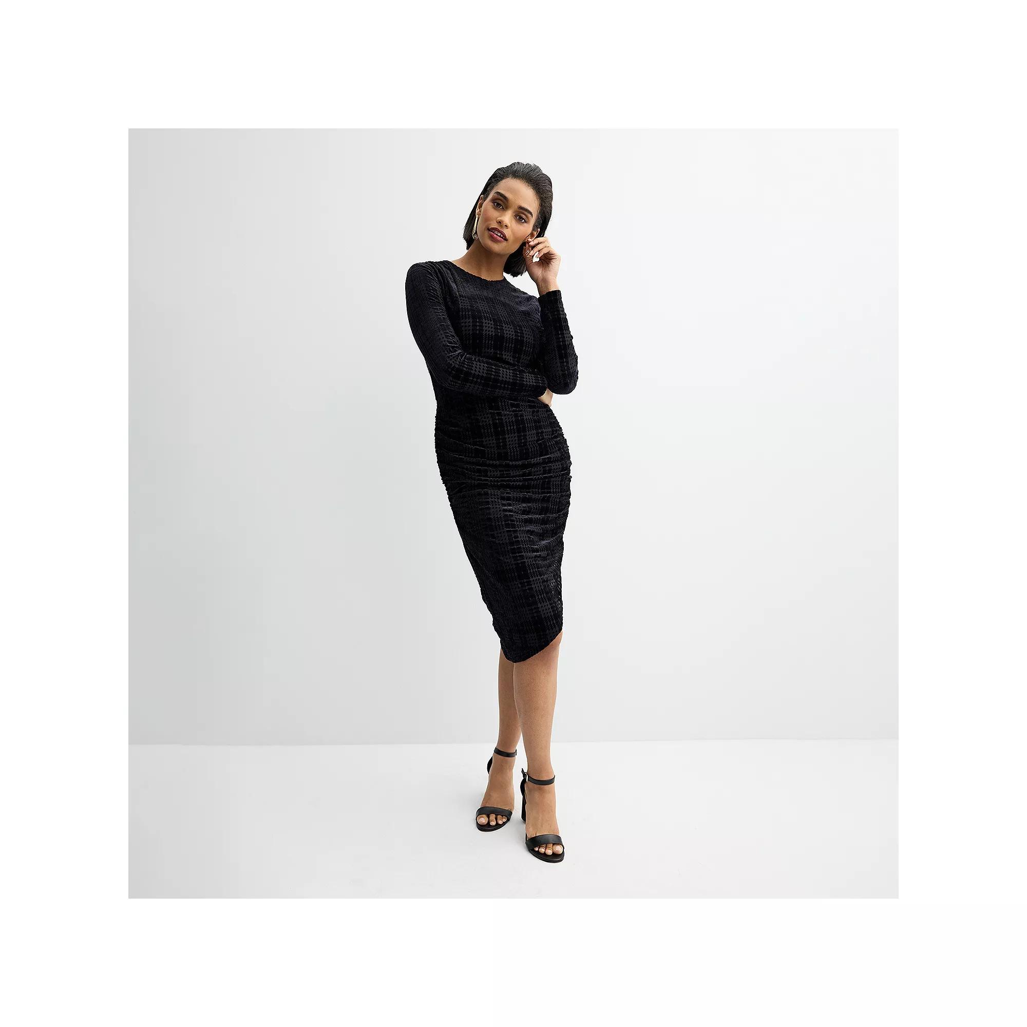 Women's Nicole Miller Plaid Burn-Out Velvet Midi Dress, Size: 14, Very Black Product Image