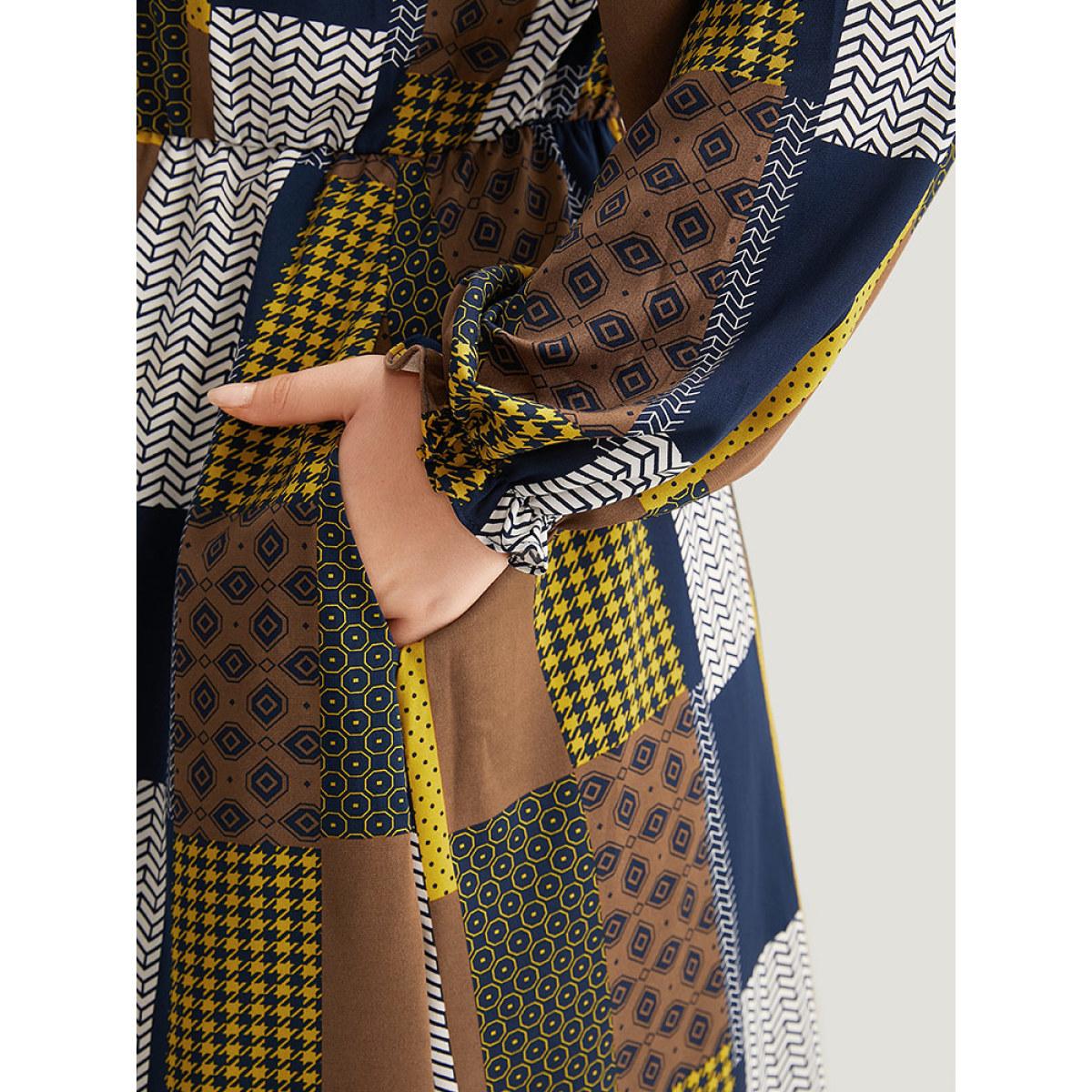 Plus Size Colorblock Patchwork Lantern Sleeve Knot Dress Multicolor Women Office Cross straps Tie Neck Long Sleeve Curvy Midi Dress BloomChic 12/L Product Image