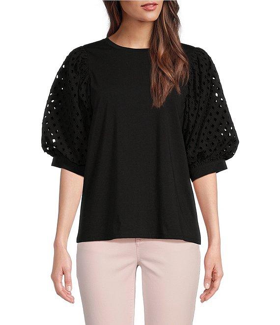 Gibson & Latimer Knit Contrast Eyelet Crew Neck Short 3/4 Balloon Sleeve Top Product Image