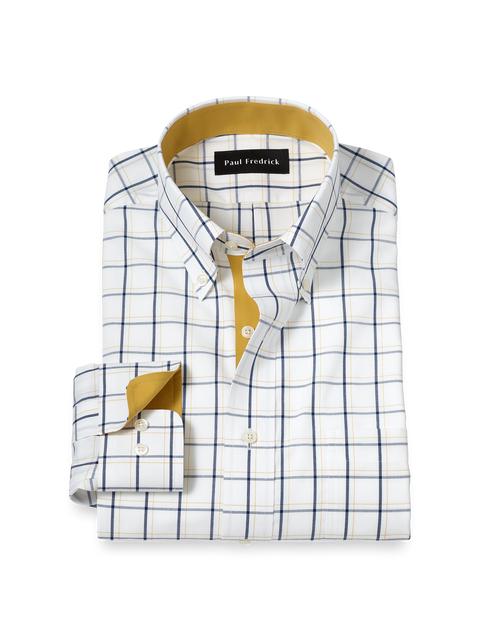 Non-Iron Cotton Windowpane Dress Shirt With Contrast Trim - Navy/gold Product Image