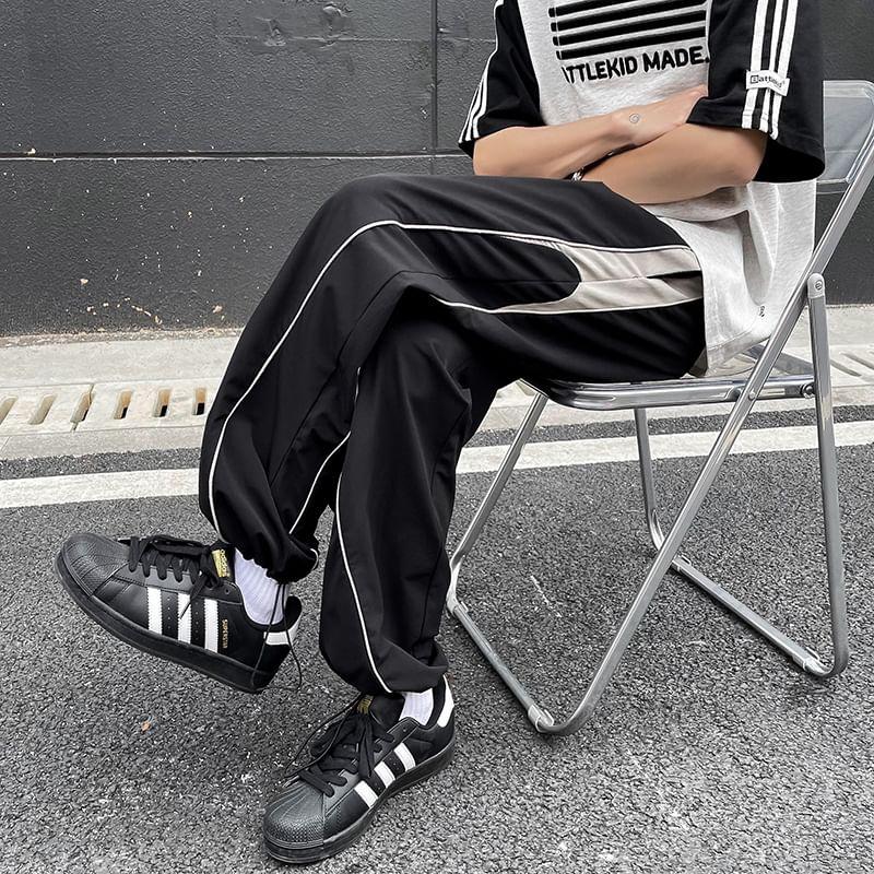 Drawstring Waist Two Tone Panel Straight Leg Track Pants Product Image