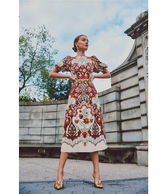 Mestiza New York Pippa Jardin Rose Print Boat Neck Short Puff Sleeve Midi Dress Product Image