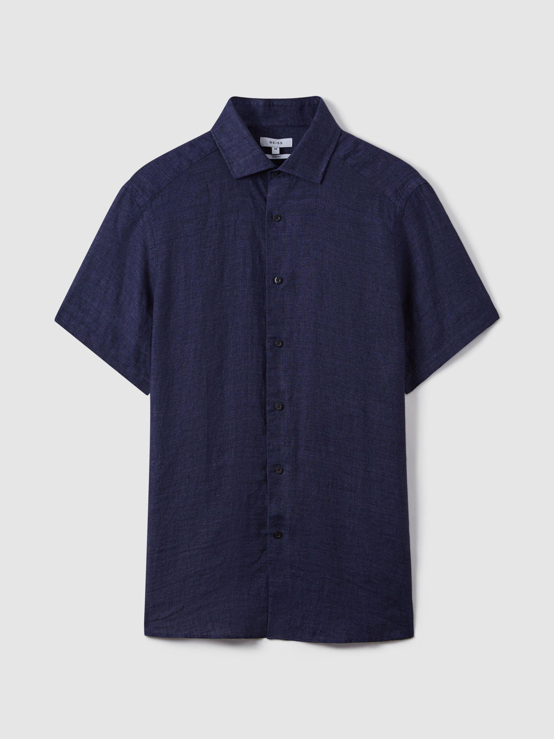 Slim Fit Linen Button-Through Shirt in Navy Product Image
