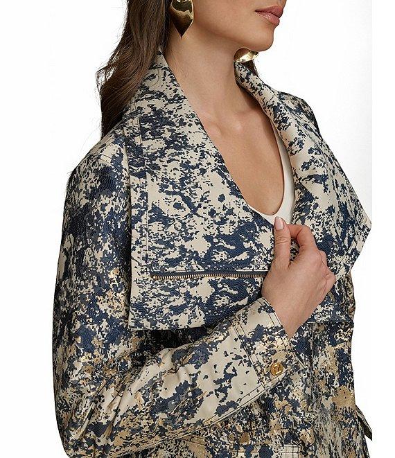 Donna Karan Metallic Jacquard Foldover Collar Elasticized Waist Full Zip Jacket Product Image