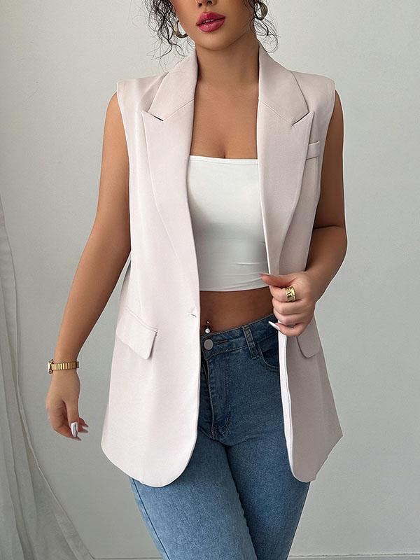 Loose Sleeveless Buttoned Pockets Notched Collar Blazer Vest Top Product Image