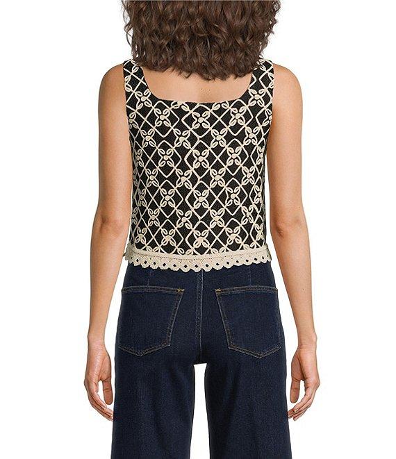 Skies Are Blue Printed Square Neck Sleeveless Crochet Trim Top Product Image