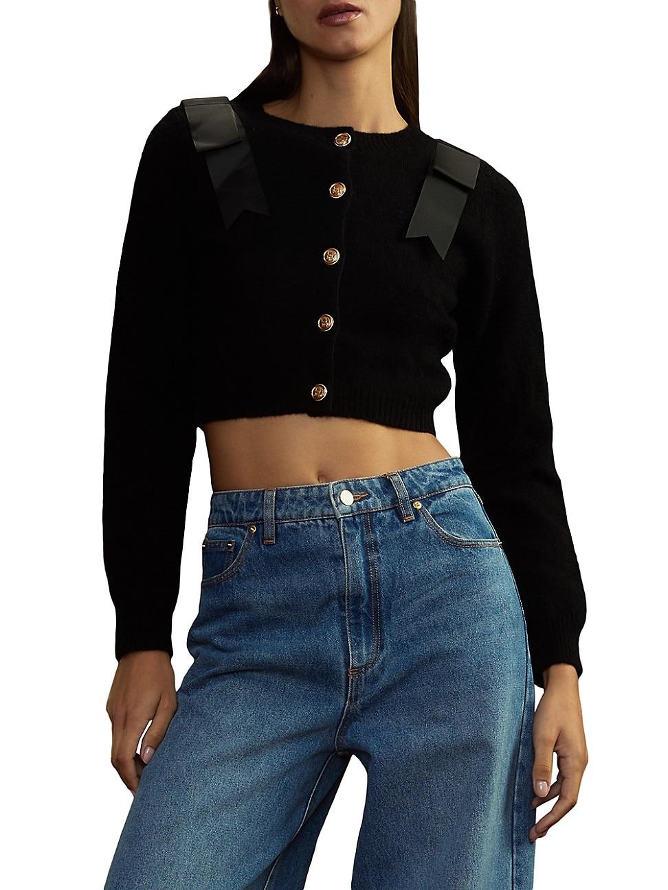 Womens Wool Bow Cropped Crewneck Cardigan Product Image