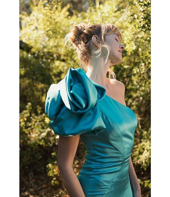 Mac Duggal Satin One Shoulder Neck Sleeveless Bow Detail Mermaid Gown Product Image