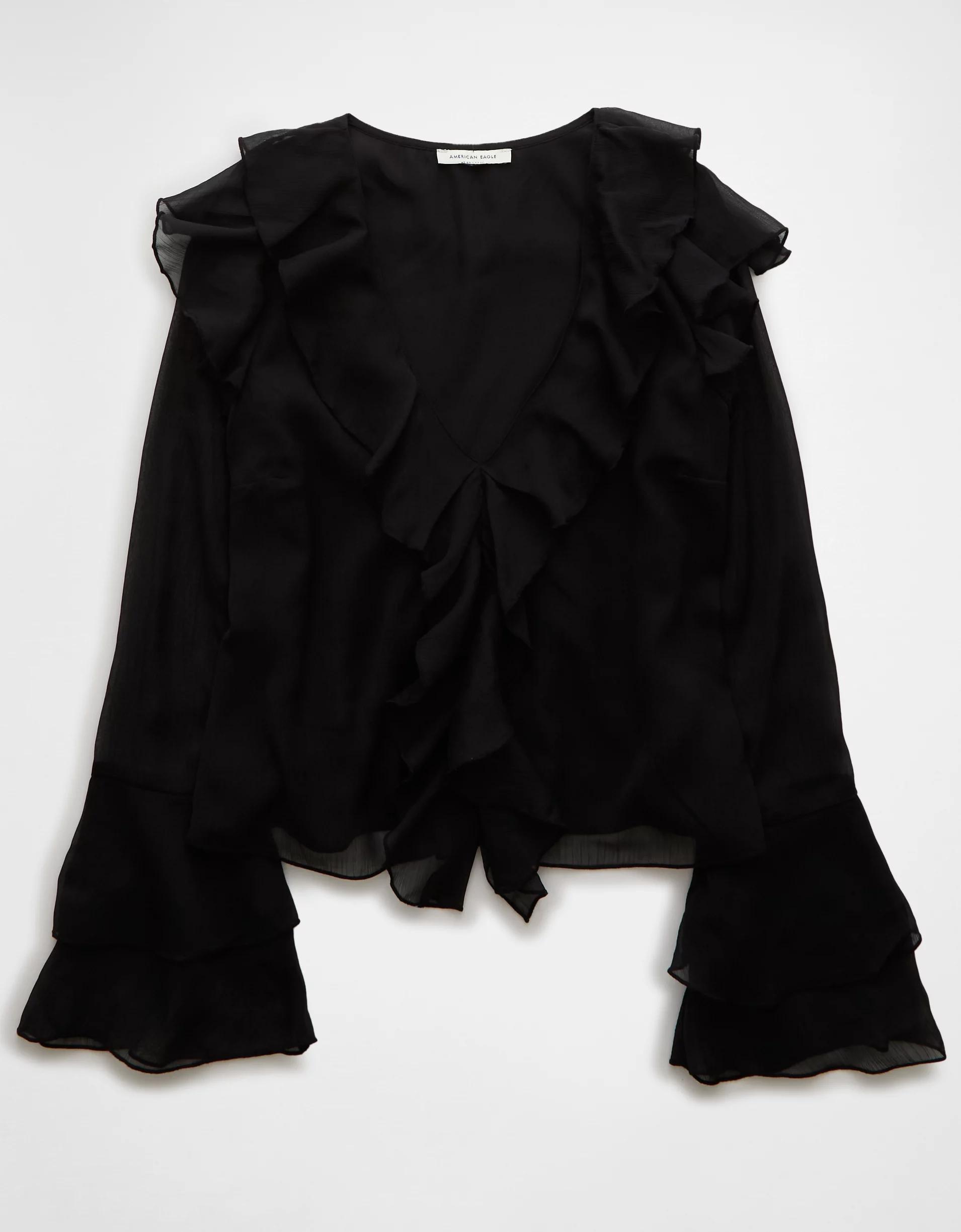 AE Long-Sleeve Chiffon Ruffle Blouse Product Image