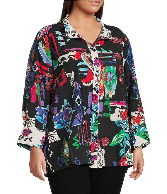 Ali Miles Plus Size Abstract Printed Woven Wire Collar 3/4 Sleeve Button Front Tunic Product Image