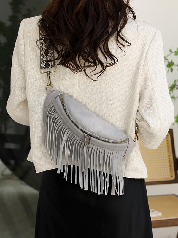 Geometric Tasseled Zipper Crossbody Bags Product Image