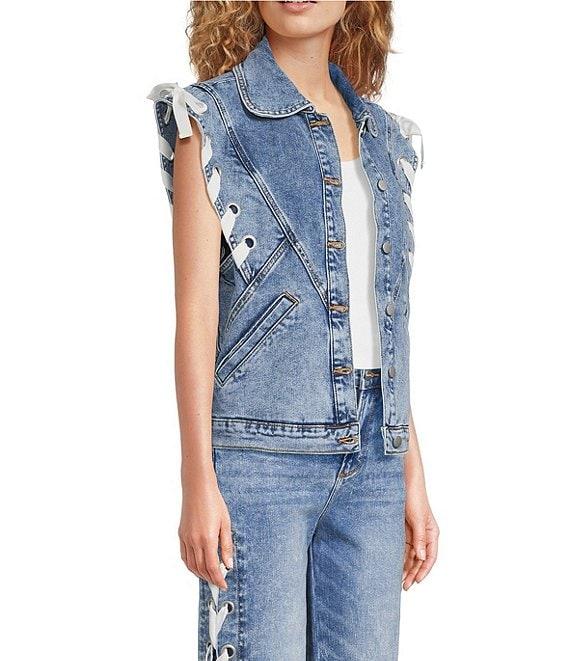 Driftwood Stretch Denim Rounded Collar Lace Bow Vest Product Image