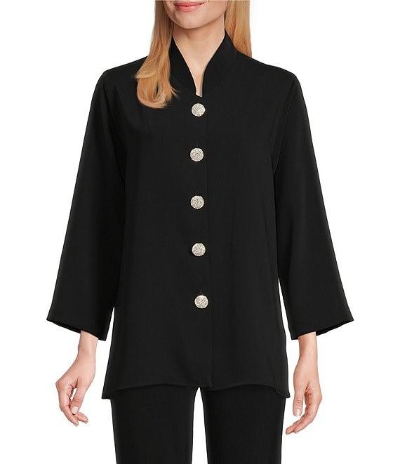 Caroline Rose Matte Crepe Mandarin Collar 3/4 Sleeve Black Rhinestone Button Jacket Product Image