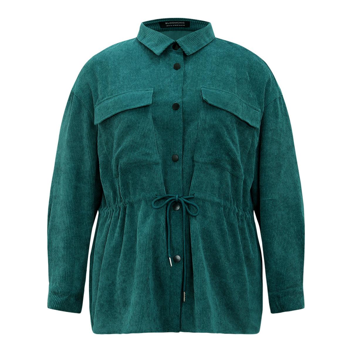 Plus Size Plain Corduroy Pocket Button Up Drawstring Gathered Coat Women Cyan Casual Plain Ladies Dailywear Winter Coats BloomChic 10/M Product Image