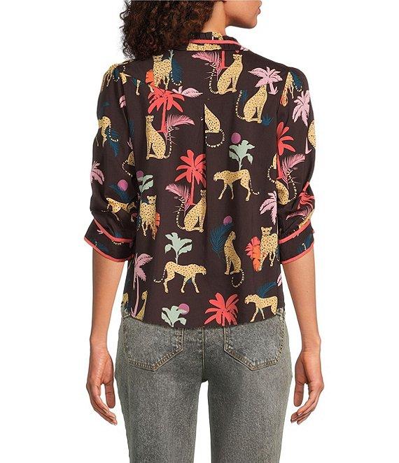 Democracy Woven Animal Plam Print Ruffle Split V-Neck Ruched Elbow Sleeve Top Product Image