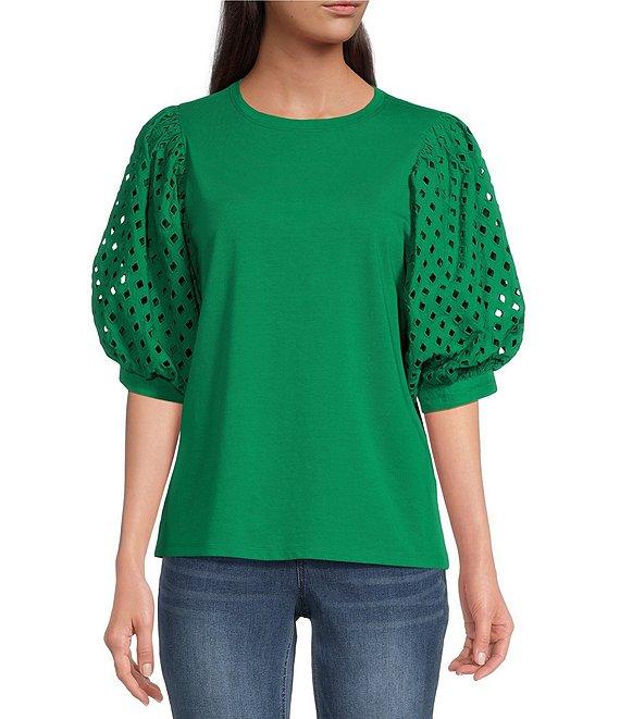 Gibson & Latimer Knit Contrast Eyelet Crew Neck Short 3/4 Balloon Sleeve Top Product Image