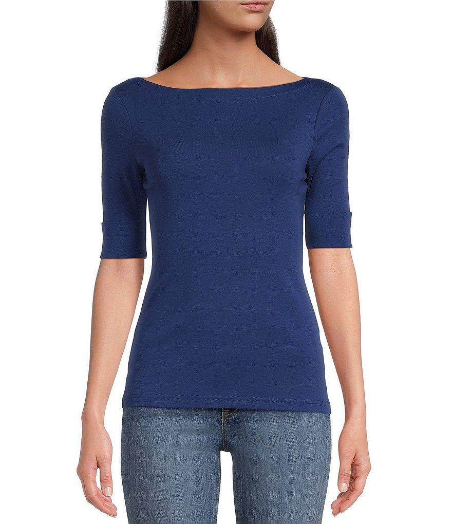 Lauren Ralph Lauren Stretch Cotton Blend Boat Neck Short Rolled Sleeve Shirt Product Image