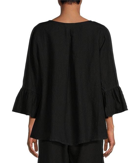 Bryn Walker Fran Basic Light Linen Round Neck Ruffle 3/4 Bell Sleeve High-Low Coordinating Shirt Product Image