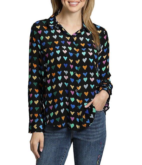 APNY Printed Collared Neckline Long Sleeve Blouse Product Image