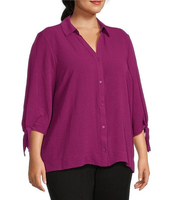Slim Factor by Investments Plus Size Nicole Point Collar Y-Neck 3/4 Tie Sleeve Button Front Top Product Image