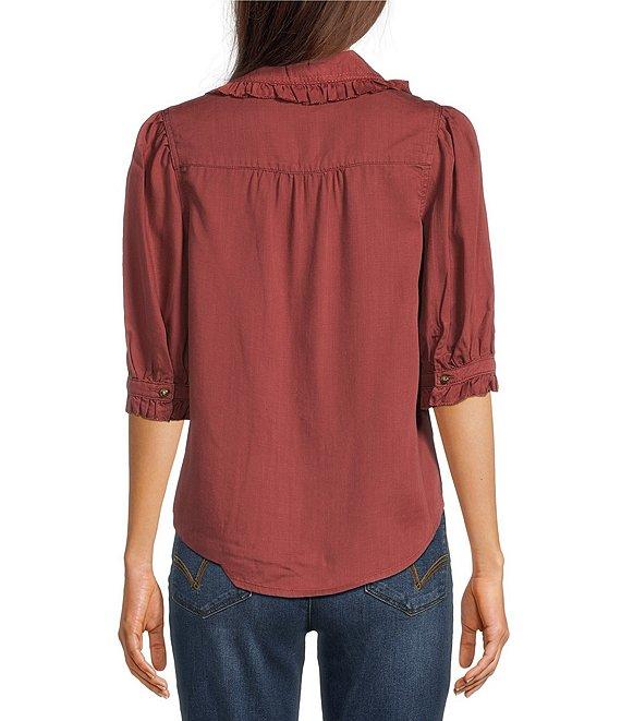 Democracy Petite Size Lyocell Ruffle Edge Collar Elbow Sleeve Button Front Top Product Image