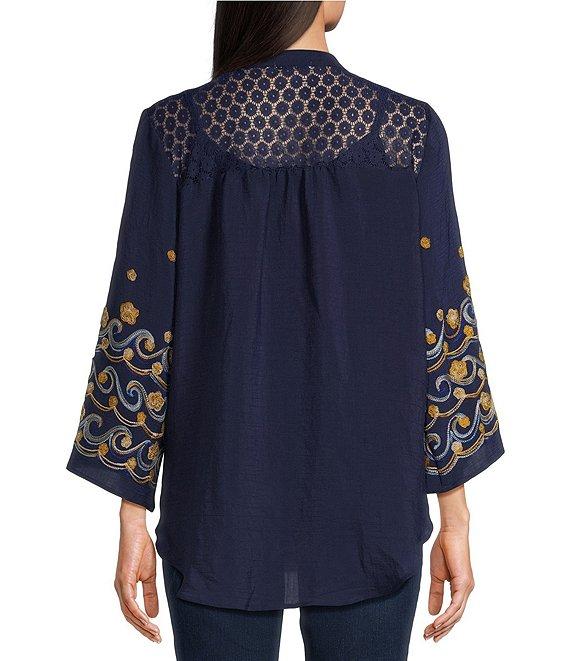 Figueroa & Flower Mandarin Collar Embroidered 3/4 Bell Sleeve Button-Front Blouse Product Image