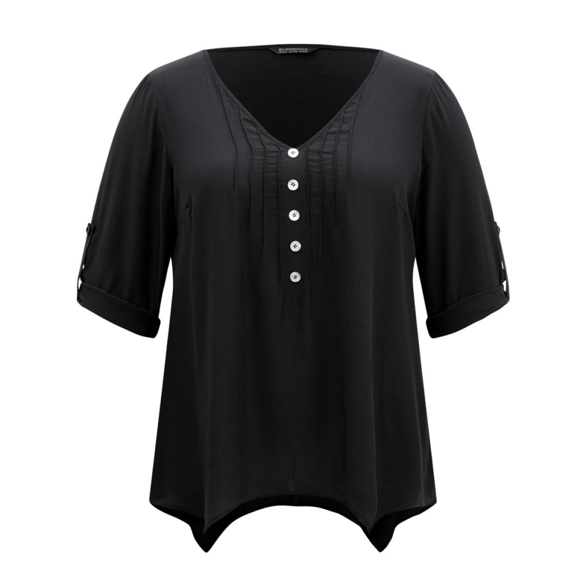 Plus Size Black Solid Button Detail Pleated Hanky Hem Blouse Women Office Elbow-length sleeve V-neck Work Blouses BloomChic 22-24/3X Product Image