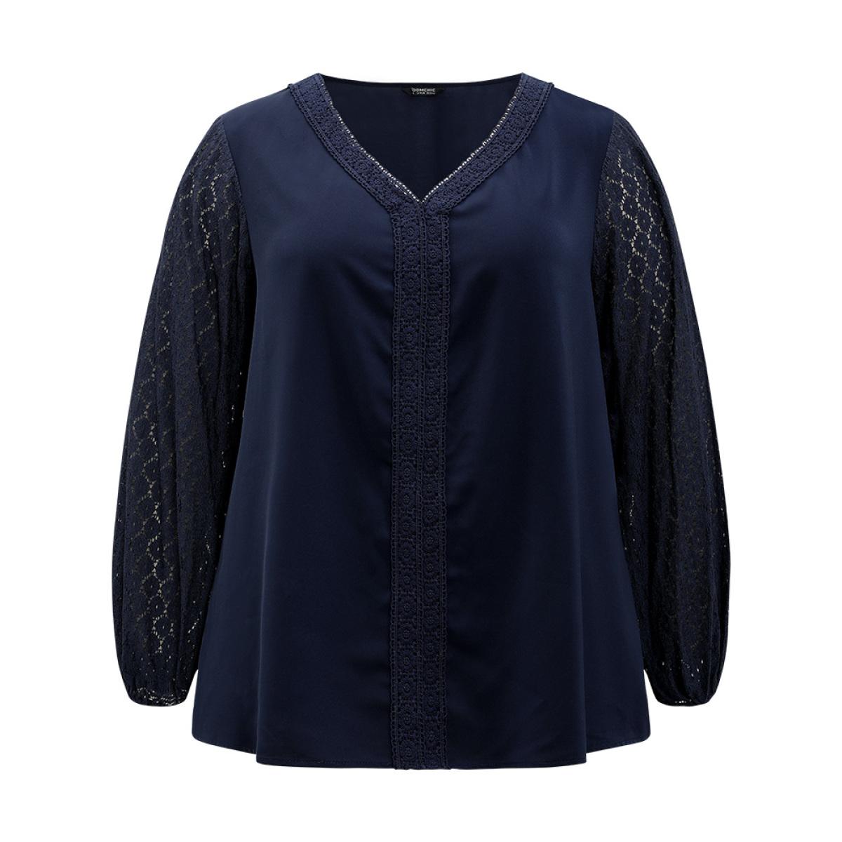 Plus Size Indigo V Neck Guipure Lace Lantern Sleeve Blouse Women Office Long Sleeve V-neck Office Blouses BloomChic 30/6X Product Image
