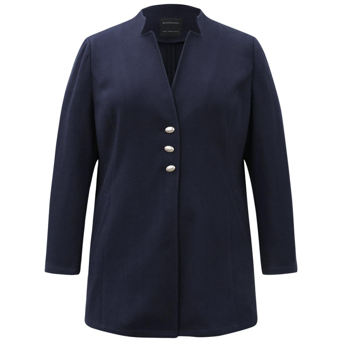 Plus Size Solid Button Up Pocket Jacket Women DarkBlue Casual Plain Ladies Dailywear Winter Coats BloomChic 30/6X Product Image