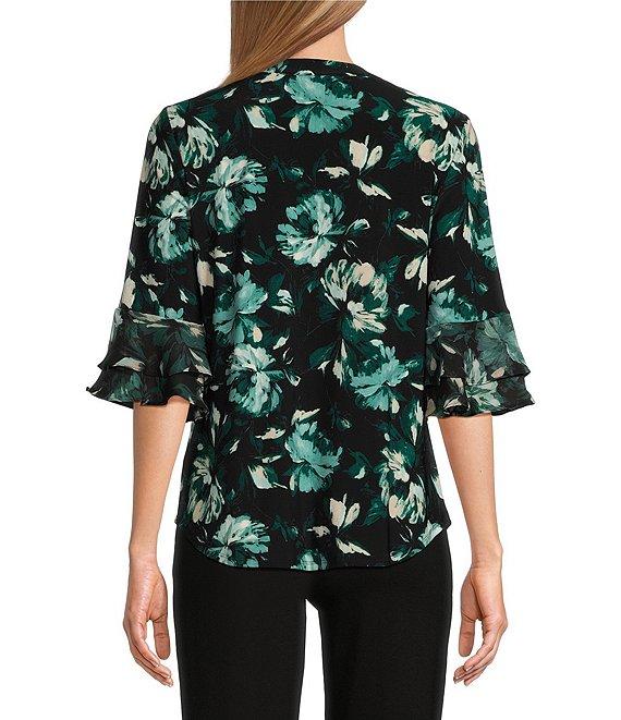 Kasper Petite Size Floral Print Split V-Neck 3/4 Flutter Sleeve Tunic Product Image