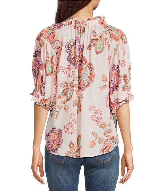 Democracy Woven Floral Paisley Split V-Neck Elbow Sleeve Button Front Top Product Image