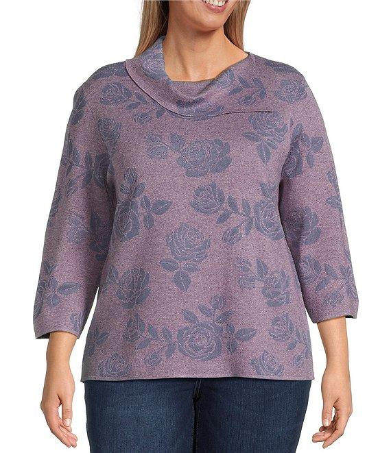 Leo & Nicole Plus Size Envelope Neck Long Sleeve Allover Rose Jacquard Sweater Product Image