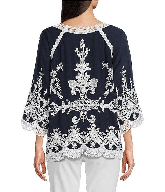 Leo & Nicole Woven Embroidered Scalloped Lace Trim Scoop Neck 3/4 Sleeve Top Product Image