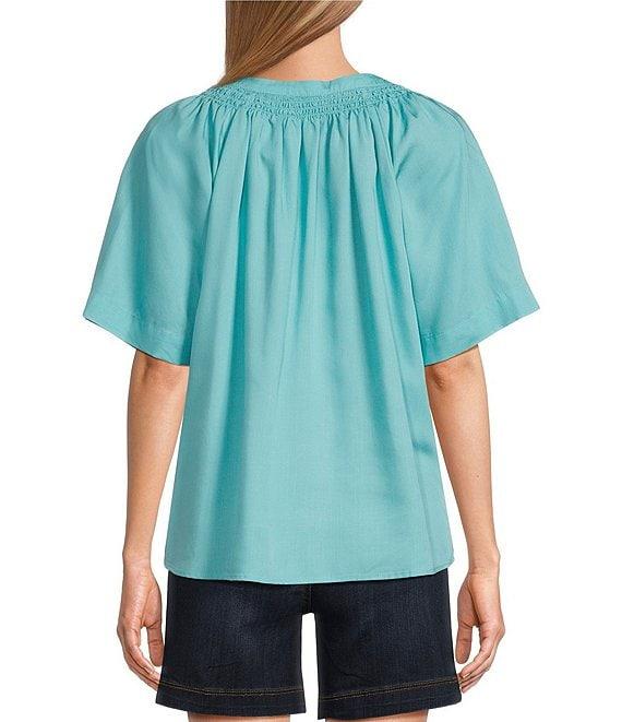 Westbound Woven Short Sleeve Y-Neck Button Front Top Product Image