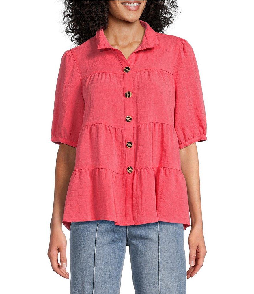 John Mark Wire Collar Short Sleeve Tiered Button-Front Top Product Image