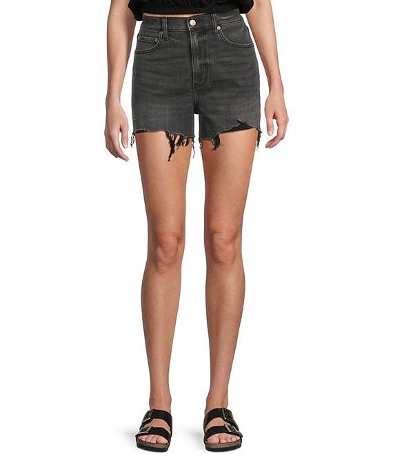 Daze The Knockout Distressed Frayed Hem High Rise Denim Shorts Product Image