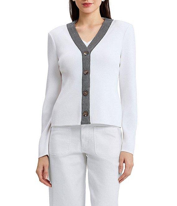 Ming Wang x Family Savvy Contrast Trim Soft Knit V-Neck Long Sleeve Cardigan Product Image