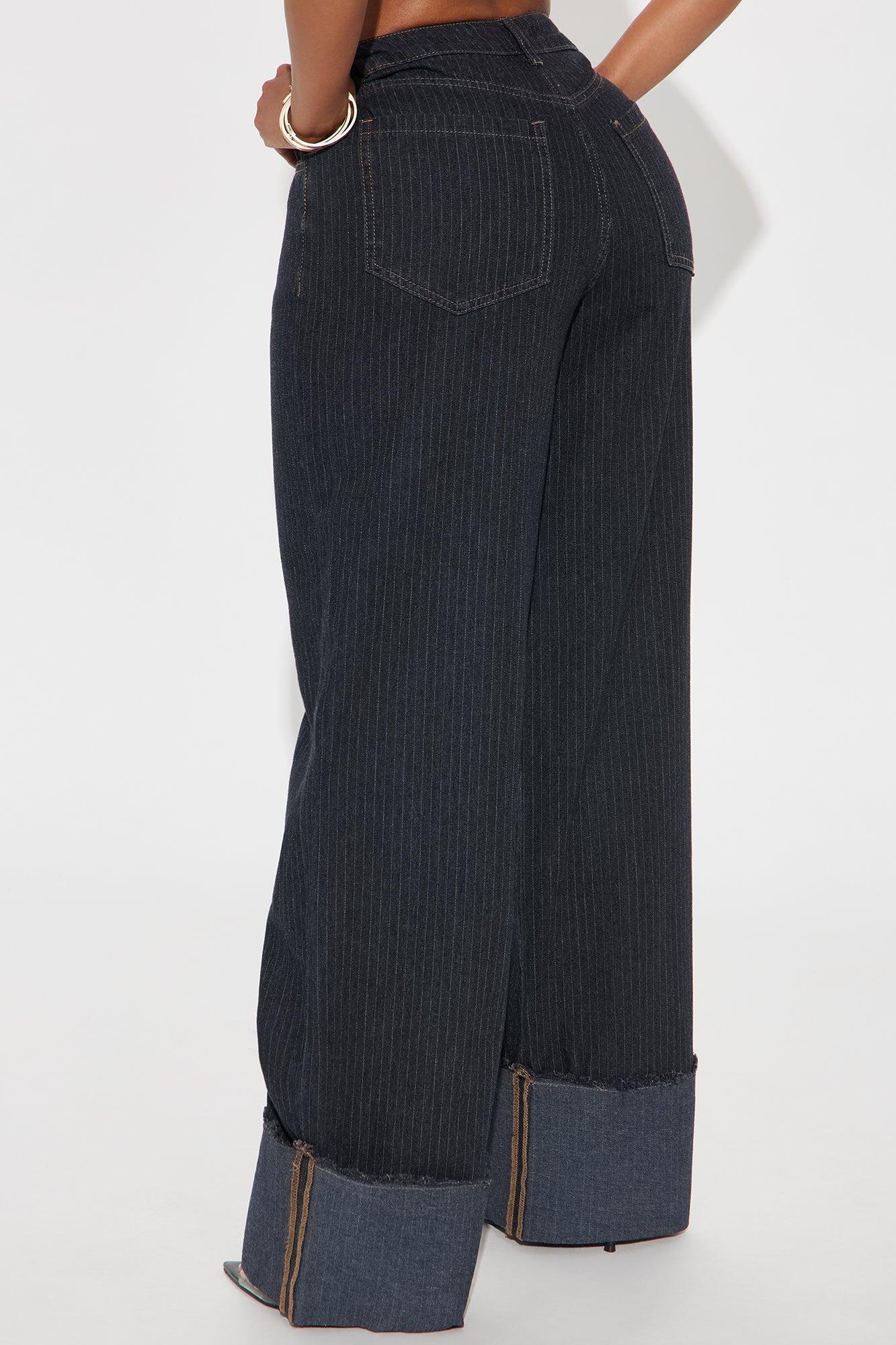 Nour Pinstripe Cuffed Straight Leg Jeans - Dark Wash Product Image