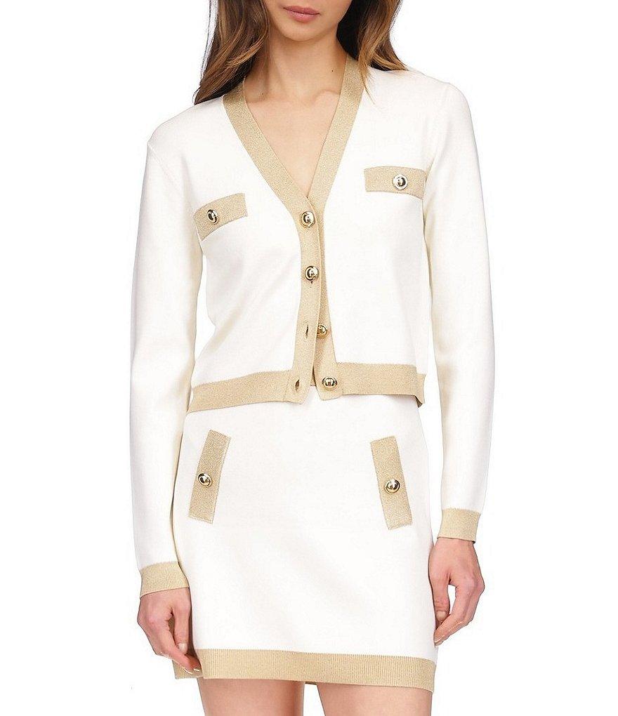 Michael Kors Metallic Trim V-Neck Long Sleeve Gold Button Cardigan Product Image