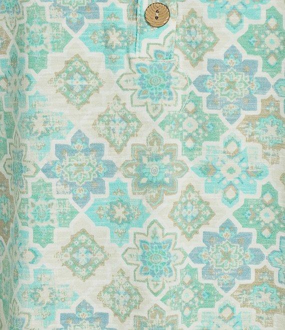 Multiples Georgette Printed Split V-Neck 3/4 Pleated Flounce Sleeve Knit Top Product Image